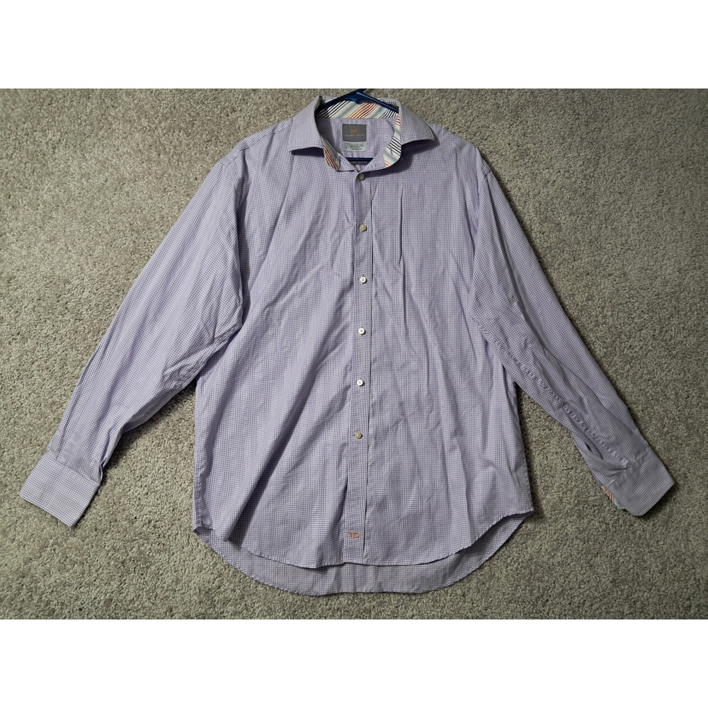 Thomas Dean Button Down Shirt Mens L Purple Gingham Check Long Sleeve Cotton TD